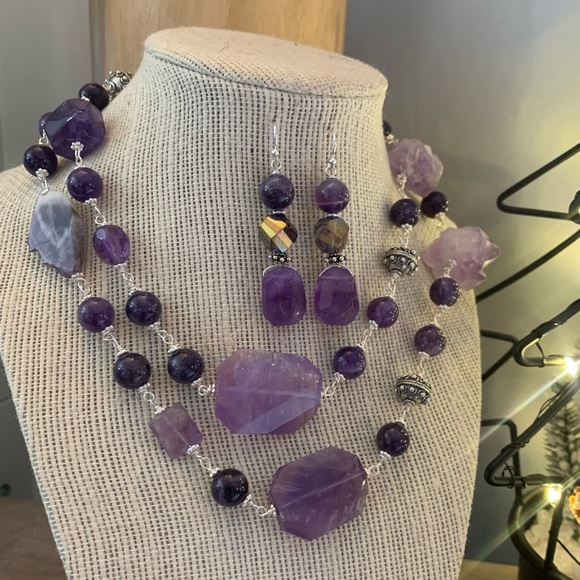Handmade raw, faceted, link Amethyst & Swarovski crystal necklace & earrings set - Picture 6 of 6